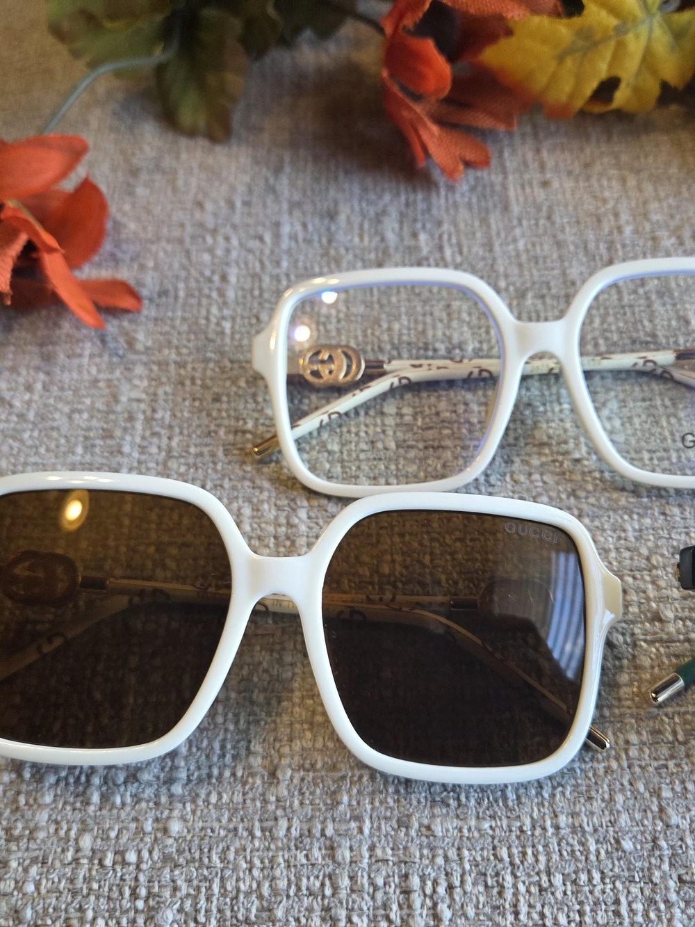 Women's White Sunglasses with Gold Accents